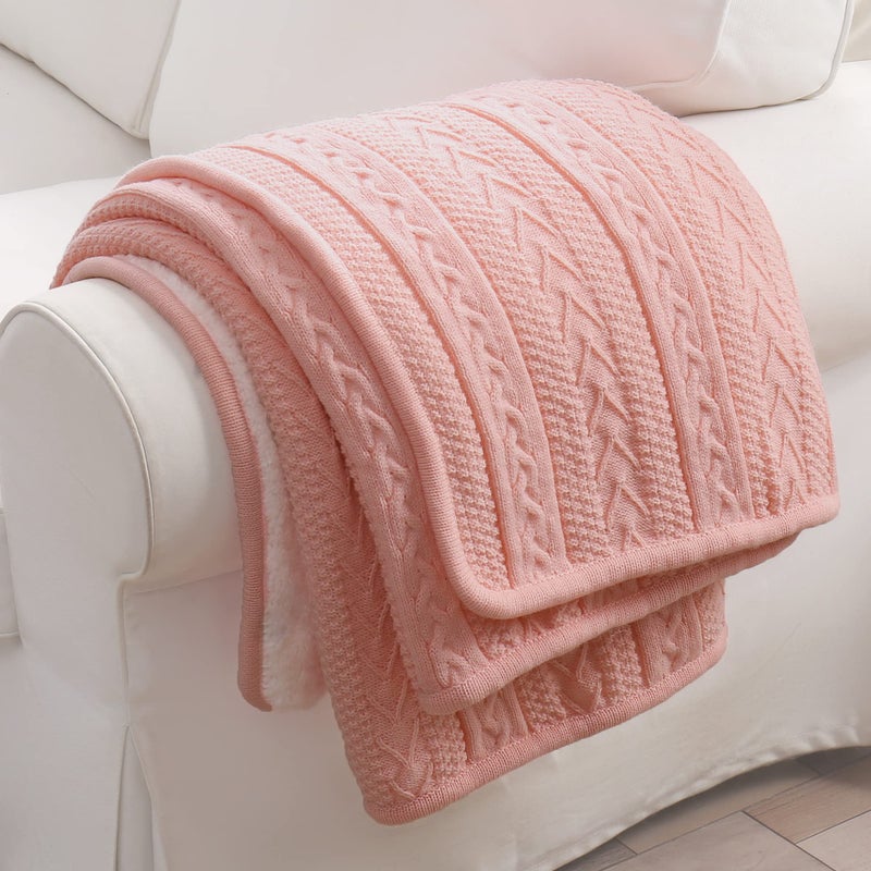 Longhui bedding Pink Acrylic Cable Knit Sherpa Throw Blanket - Thick  Soft  Big  Cozy Knitted Fleece Blankets for Couch  Sofa  Bed - 50"" x 63"" - Image 5